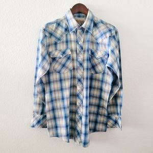Authentic Western atb shirt size 15.5 32-33 pearl snap blue plaid long sleeve